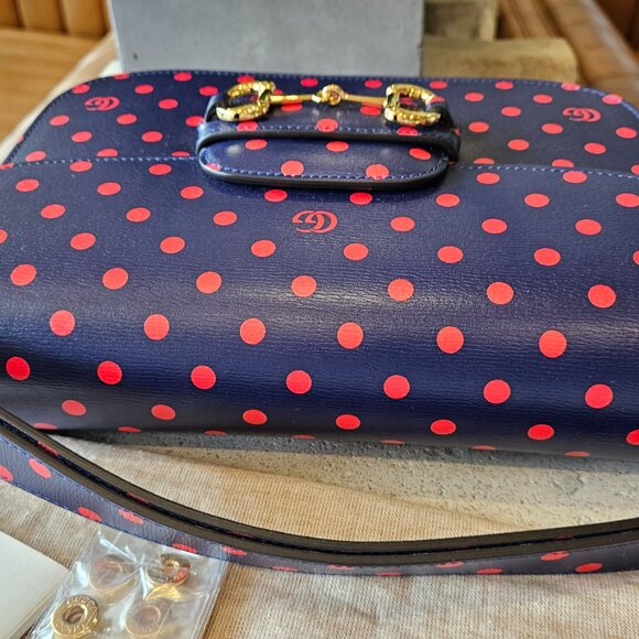 Gucci  Shangai Calfskin Polka Dot Horsebit 1955 Shoulder Bag Blue Orange - Picture 15 of 17
